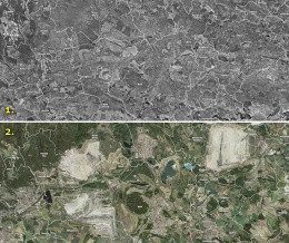 Obr. 1 a 2 Letecké snímky oblasti severočeských dolů v roce 1953 a v roce 2010 – i toto je důsledek spotřeby energie.