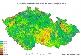 Obr. 1 Průměrná rychlost větru v ČR ve výšce 100 m [m/s]