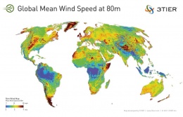 Obr. 3 Průměrná rychlost větru ve světě ve výšce 80 m [m/s]